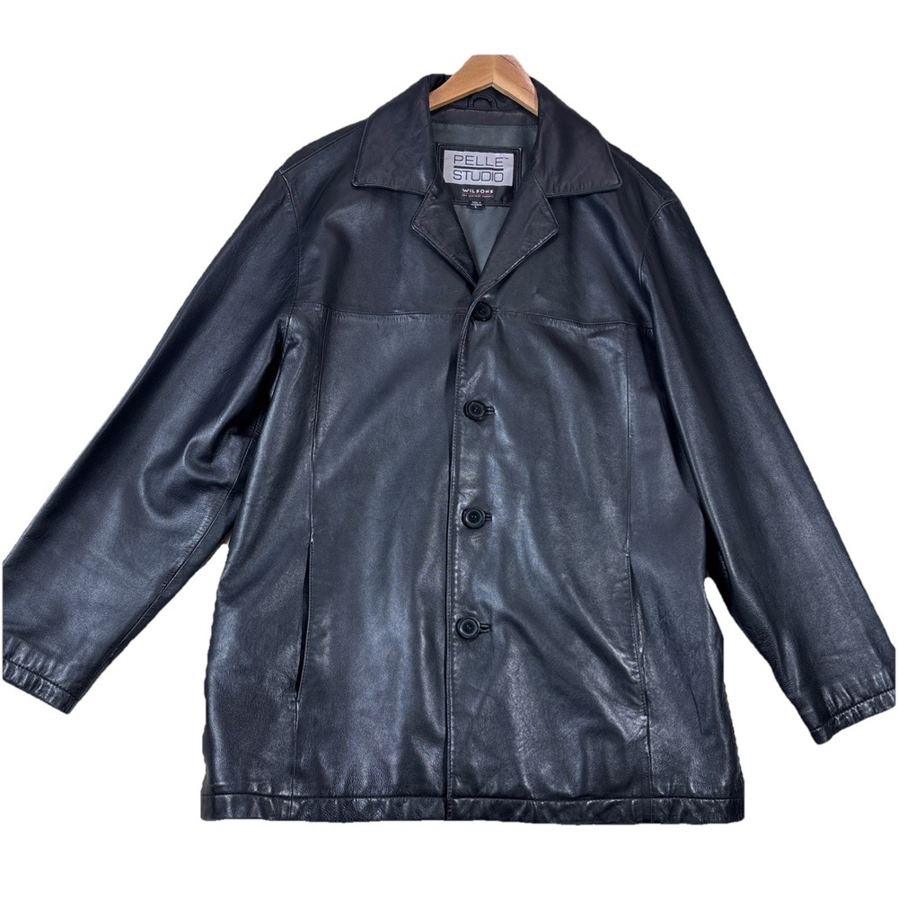Wilsons Leather Pelle Studio Soft Black Button Coat Jacket Men's L Mid Length